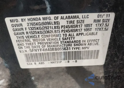 2011 Honda Pilot Ex from USA, damaged, VIN 5FNYF4H40BB065631